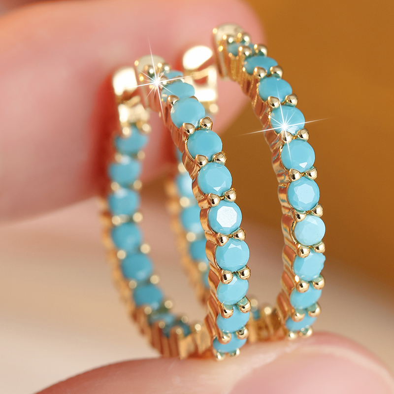 Turquoise Stone Ring - Etniczne kolczyki koła z imitacją turkusu,