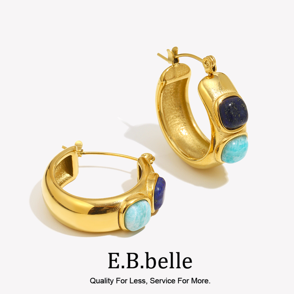 Turquoise Stone Ring - E.B.belle Okrągłe Lazurite Turkusowe Kolczyki Hoop